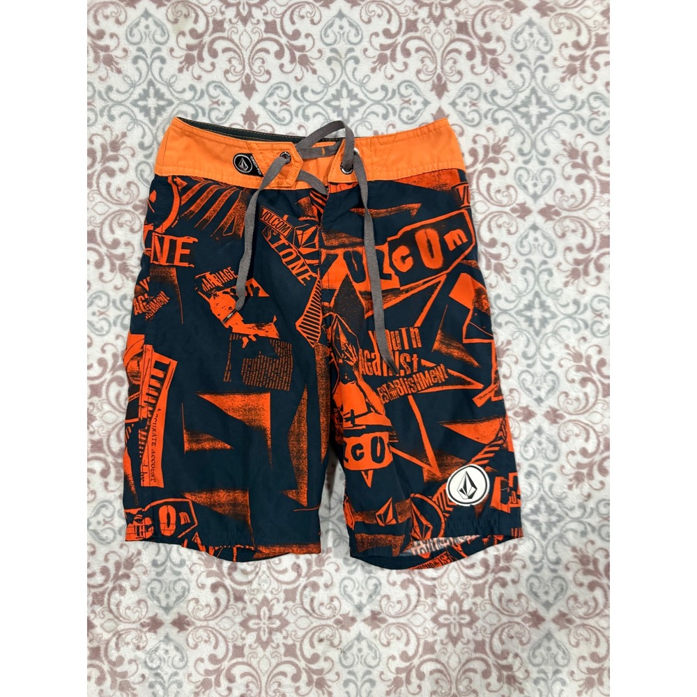 Volcom Board Shorts Mens 26 Orange Black Graphic Youth Against Establishment